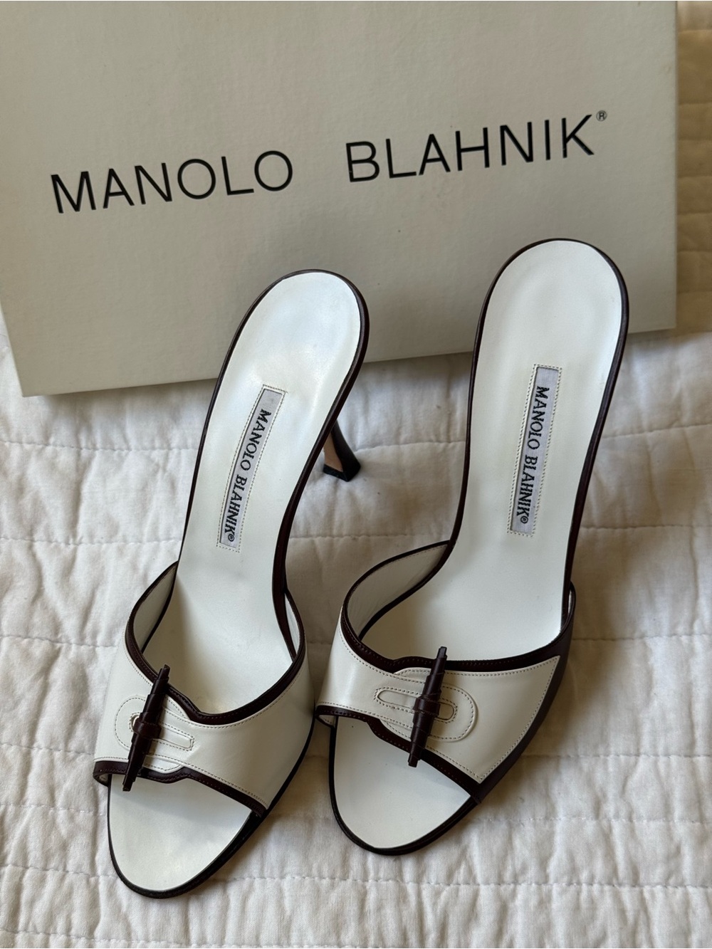 Manolo Blahnik White Leather Slide Sandals with Brown Trim